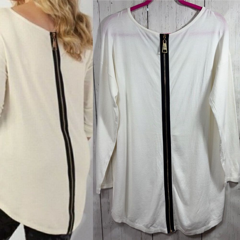 Soft Surroundings Zipper Back Sweater Tunic Shirt Cream 3/4 Sleeve Relaxed Fit